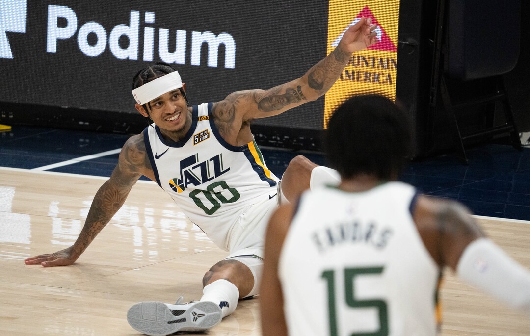 (Francisco Kjolseth | The Salt Lake Tribune) Utah Jazz guard Jordan Clarkson (00) ends up on the floor in NBA action between the Utah Jazz and the San Antonio Spurs at Vivint Smart Home Arena, on Wednesday, May 5, 2021.