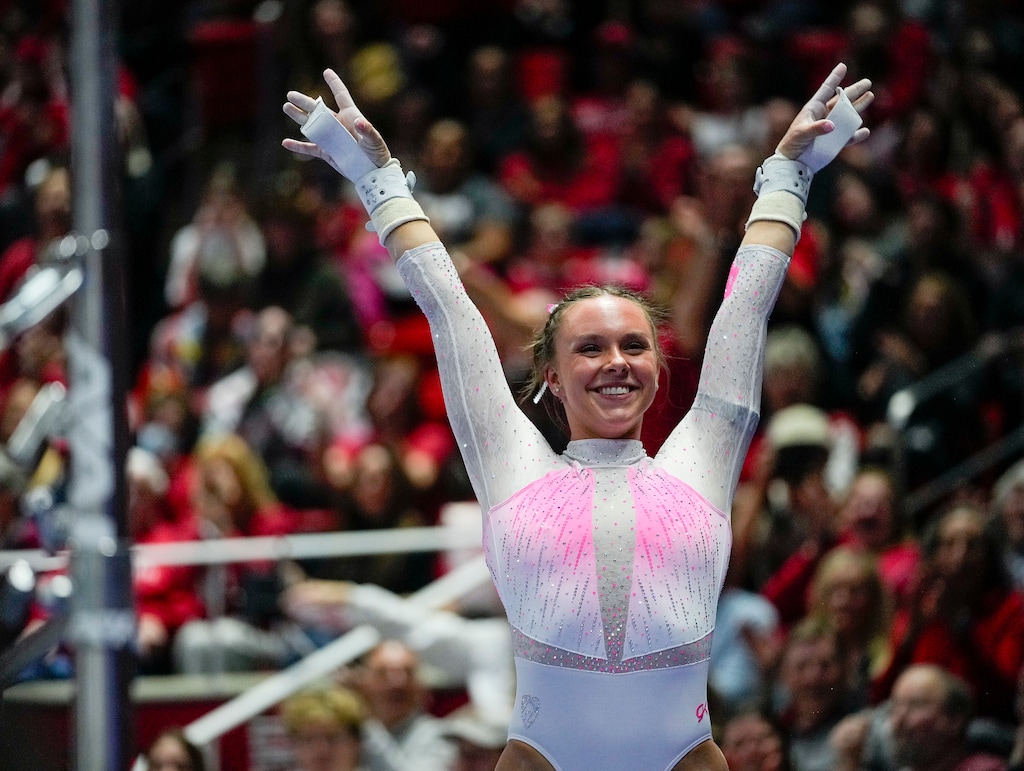 (Bethany Baker  |  The Salt Lake Tribune) Utah’s Maile O’Keefe sticks her landing after performing on the bars as Utah hosts Stanford, NCAA gymnastics at the Huntsman Center in Salt Lake City on Friday, Feb. 23, 2024.