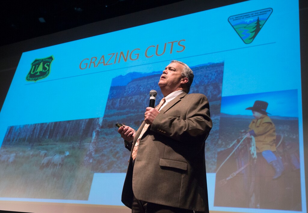 (Steve Griffin  |  The Salt Lake Tribune) Randy Parker, CEO of the Utah Farm Bureau, talks about protecting livestock water rights during a Livestock Grazing Rights Conference to address growing uncertainty facing Utah ranchers and rural communities at the Sevier Valley Center at the Richfield campus of Snow College in Richfield, Utah Thursday, February 18, 2016. Utah Farm Bureau has become increasingly concerned with the growing level of uncertainty ranchers who utilize the federally managed public lands are facing. An analysis of grazing numbers indicate a systematic dismantling of livestock grazing since the 1950s.