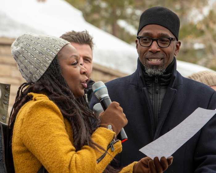 (Rick Egan  |  The Salt Lake Tribune)      Zainab Jah and Ntare Guma Mbaho Mwine from the film "Farewell Amor" do a reading at the Sundance bonfire community gathering on Swede Alley, in Park City, Thursday, Jan. 30, 2020.