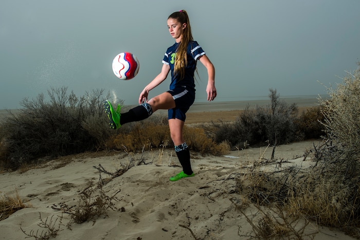 (Chris Detrick | The Salt Lake Tribune) Syracuse's Caroline Stringfellow poses for a portrait near Bridger Bay on Antelope Island State Park Tuesday, December 12, 2017.