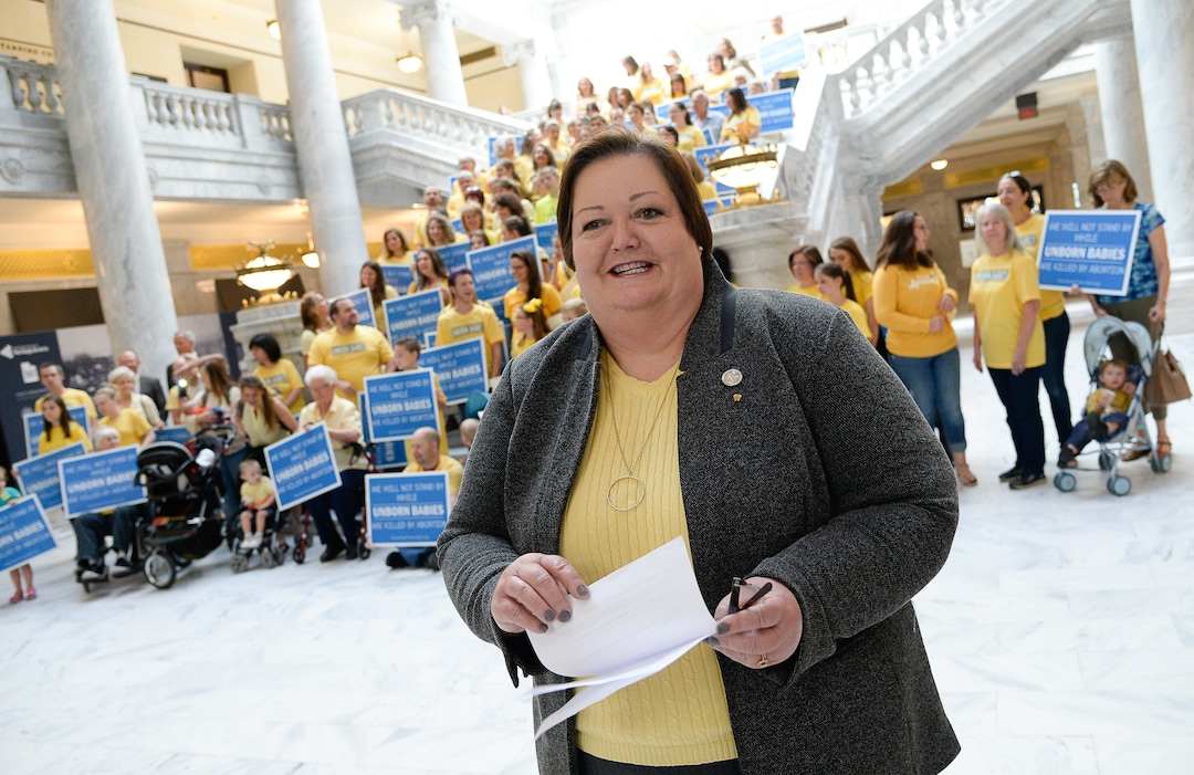 (Francisco Kjolseth  |  The Salt Lake Tribune)  Utah Rep. Cheryl Acton, R-Salt Lake, gets ready to make remarks as Abortion-Free Utah launches a public campaign to end elective abortion in the state of Utah during a press event in the rotunda of the Utah Capitol on Wed. June 19, 2019.
