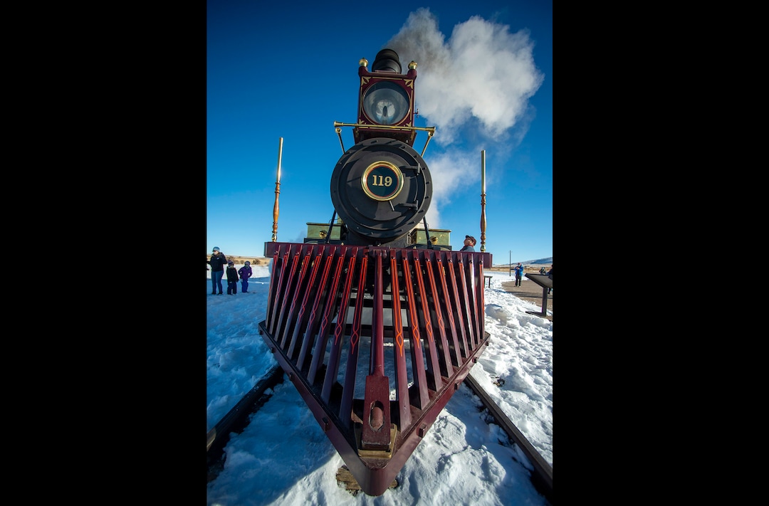 (Rick Egan | The Salt Lake Tribune) The 119 Steam Engine chugs down the track at the Golden Spike National Historical Park during one of the winter steam locomotive demonstrations, on Tuesday, Dec. 29, 2020.