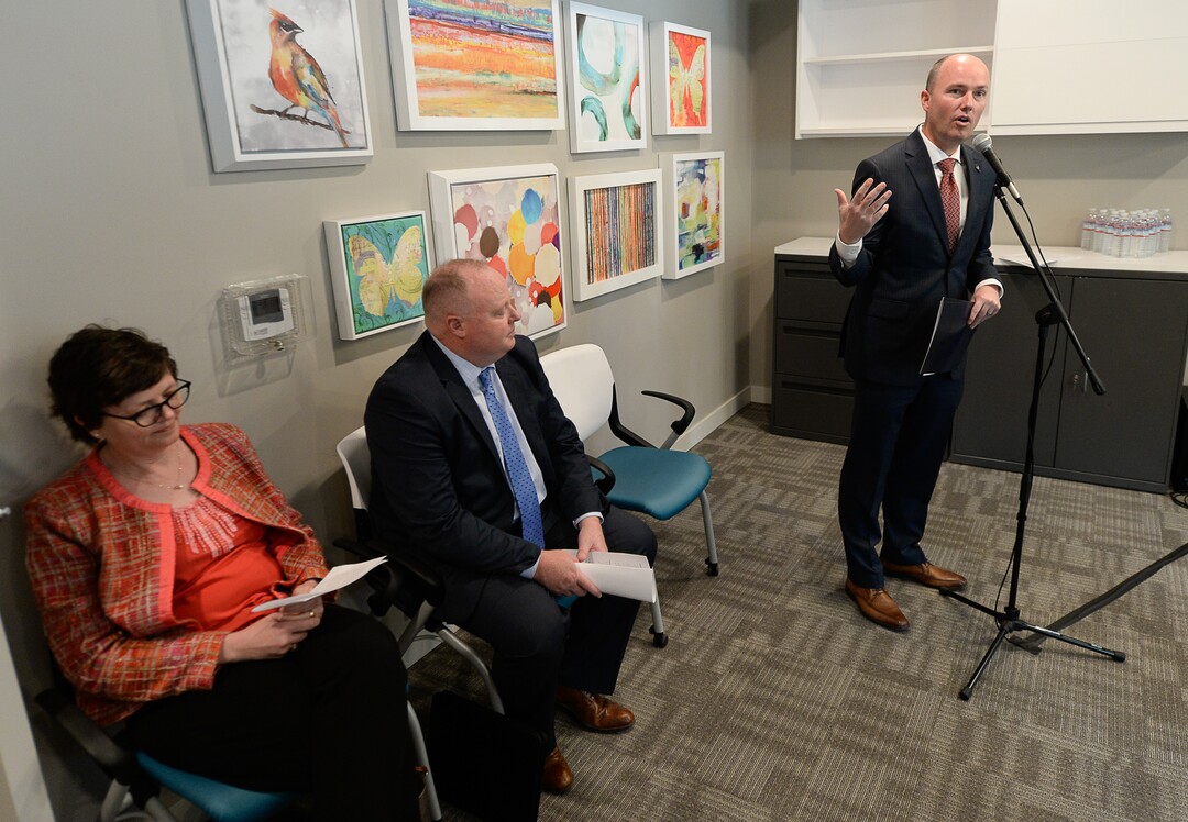 (Francisco Kjolseth  |  The Salt Lake Tribune)  Lt. Gov. Spencer Cox, right, announces a new effort to help an additional 100 homeless people move into permanent housing during a press event at Sharon Gardens Apartments in South Salt Lake on Monday, April 29, 2019. Joining the Lt. Gov. were Janice Kimball with Housing Connect and Jonathan Hardy with the Department of Workforce Services. The Lt. Governor called on Salt Lake area landlords to providing units available to people who have been homeless with the help of vouchers. The apartment with 58 one bedroom units provides 45 to low income people and the 13 remaining at market rate.
