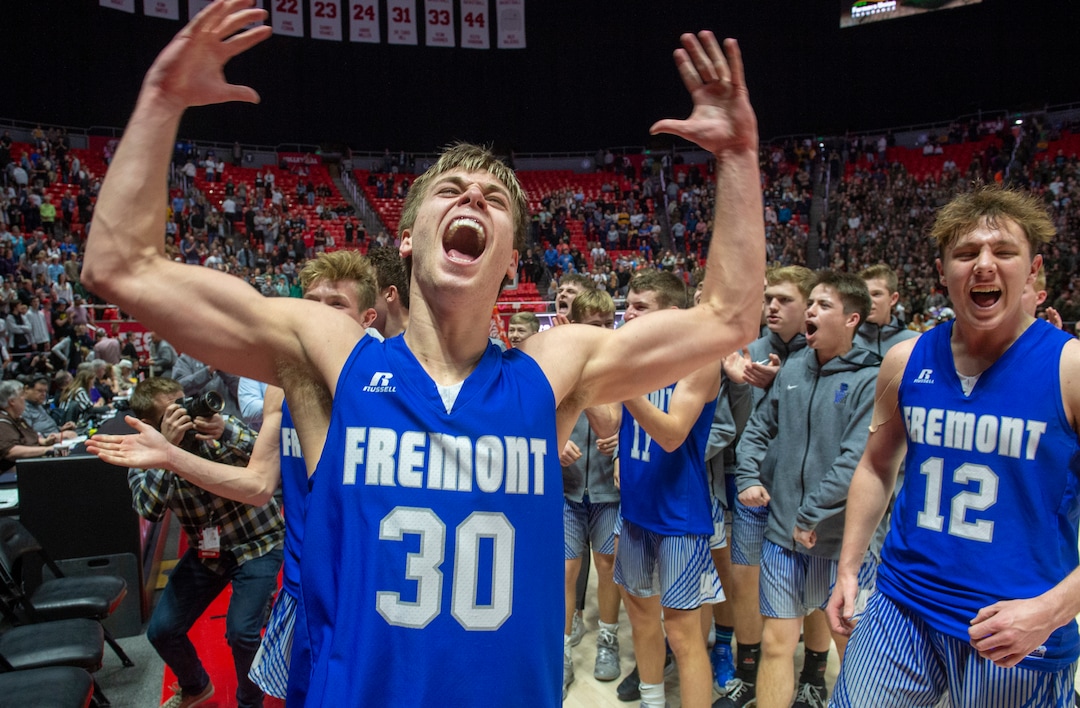 (Rick Egan  |  The Salt Lake Tribune)    Fremont Silverwolves Dallin Hall (30), and Mitch Stratford (12) celebrate their win over the Davis Darts, in the 6A basketball championship game at the Jon M. Huntsman Center, Saturday Feb. 29, 2020