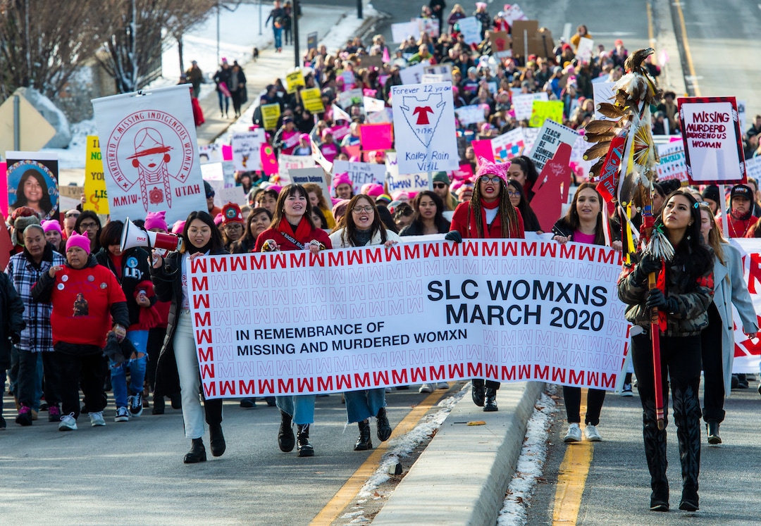 (Rick Egan  |  The Salt Lake Tribune) Marchers make their way up State Street from Washington Square Park to the Capitol Building in the 2020 Womxn's March in Salt Lake City on Saturday, Jan. 18, 2020.
