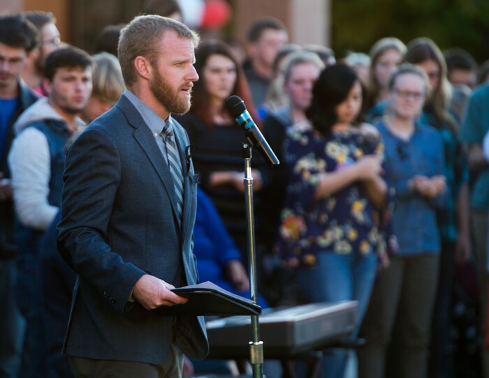 (Rick Egan  |  The Salt Lake Tribune)  Johnny MacLean gives a speech during a candle light vigil for the victims of the Las Vegas shooting, on the SUU campus in Cedar City, Wednesday, October 4, 2017.
