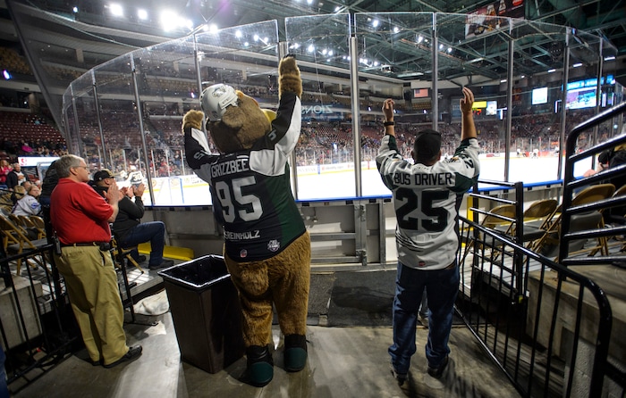 (Steve Griffin  |  The Salt Lake Tribune) Grizzbee, the Utah Grizzlies mascot, celebrates a Grizzlies goal against the Idaho Steelheads at the Maverik Center in West Valley City Monday Feb. 19, 2018.