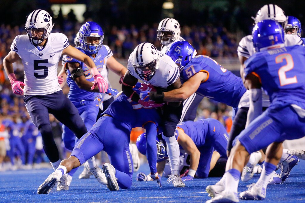 Running back Squally Canada and BYU were driving late in the 2016 game at Boise State for the potential game-winning points, but Rhett Almond's field goal was blocked and BSU escaped with a 28-27 win. (AP Photo/Otto Kitsinger)