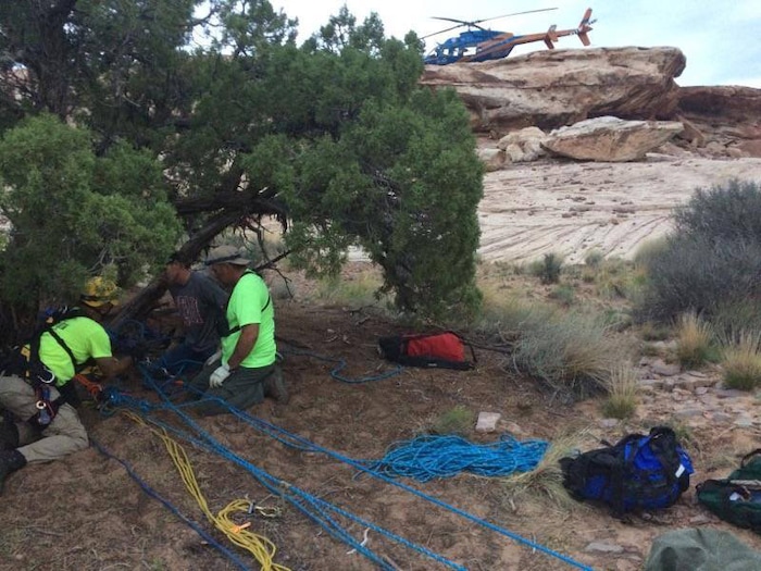 (Courtesy  |  Emery County Sheriff)  A Salt Lake County woman is recovering after being wedged in and suspended for nearly 12 hours in a narrow portion of Zero Gravity Canyon in the San Rafael Desert.