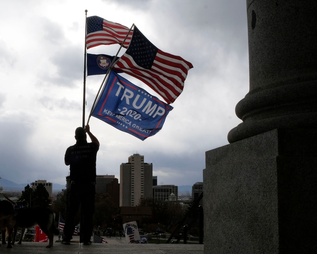 (Leah Hogsten  |  The Salt Lake Tribune) As news broke of former Vice President Joe Biden earning enough Electoral College votes to secure the presidency Saturday, Trump protesters took to the Capitol to denounce the win.