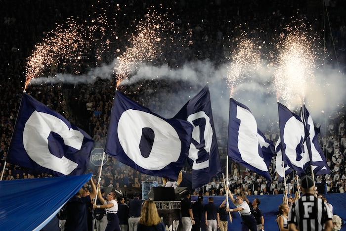 (Francisco Kjolseth | The Salt Lake Tribune) BYU celebrates during the Brigham Young Cougars game against South Florida Bulls at LaVell Edwards Stadium in Provo, Saturday, Sept. 25, 2021.