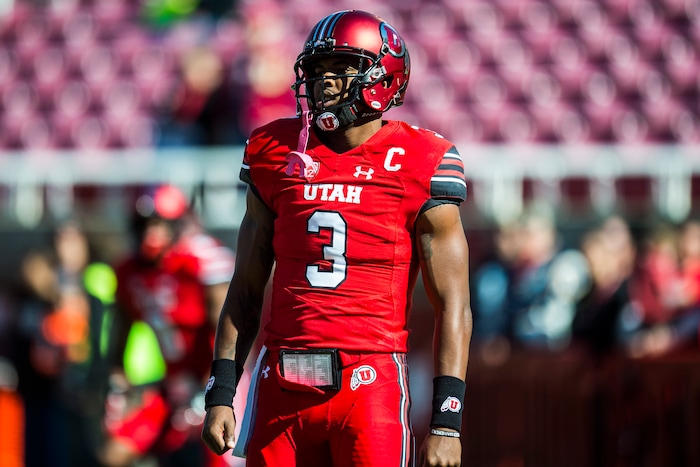 (Chris Detrick  |  The Salt Lake Tribune)  Utah Utes quarterback Troy Williams (3) warms up before the game at Rice-Eccles Stadium Saturday, October 21, 2017. 