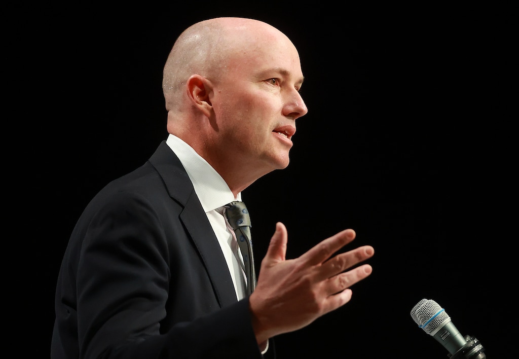 (Kristin Murphy | Pool) Gov. Spencer Cox speaks at a monthly news conference in Salt Lake City on Thursday, April 30, 2026.