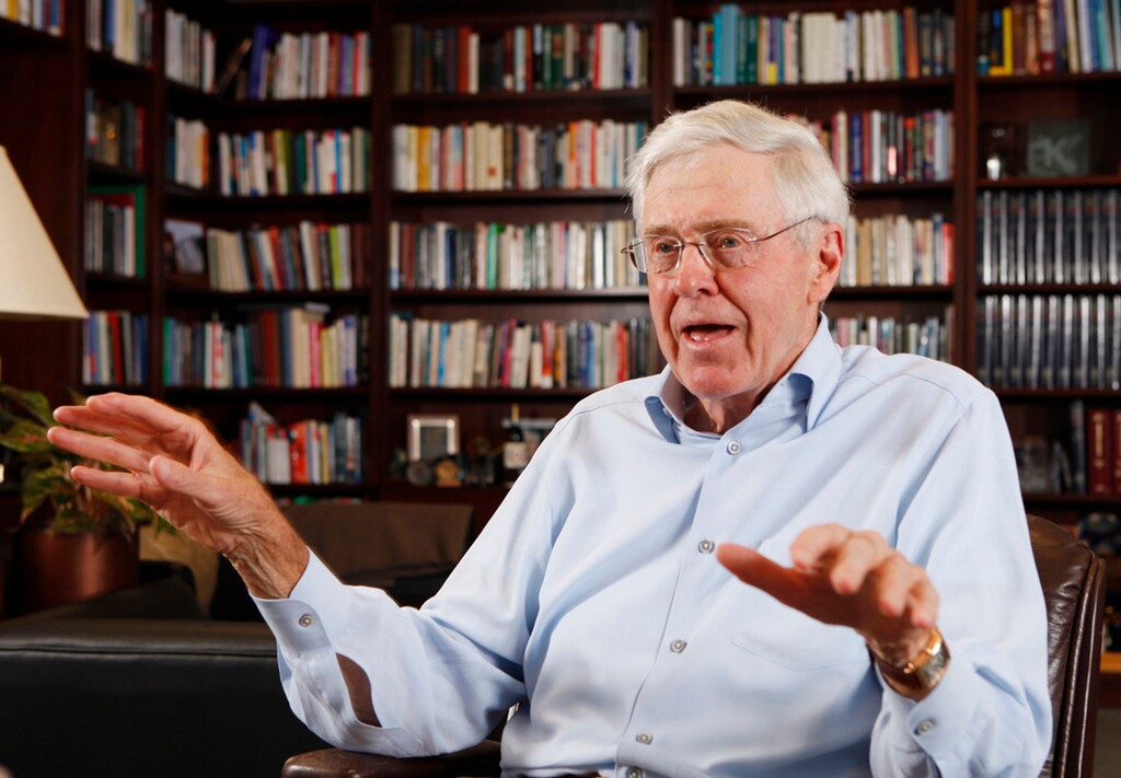 FILE - In this May 22, 2012 file photo, Charles Koch speaks in his office at Koch Industries in Wichita, Kan.The Koch brothers are spending up to $400 million to shape November’s midterm elections nationwide. (Bo Rader/The Wichita Eagle via AP, File)