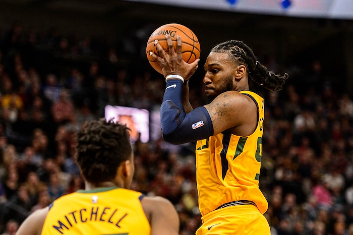 (Trent Nelson | The Salt Lake Tribune)  Utah Jazz forward Jae Crowder (99) pulls down a rebound as the Utah Jazz host the Phoenix Suns, NBA basketball in Salt Lake City, Wednesday Feb. 14, 2018.