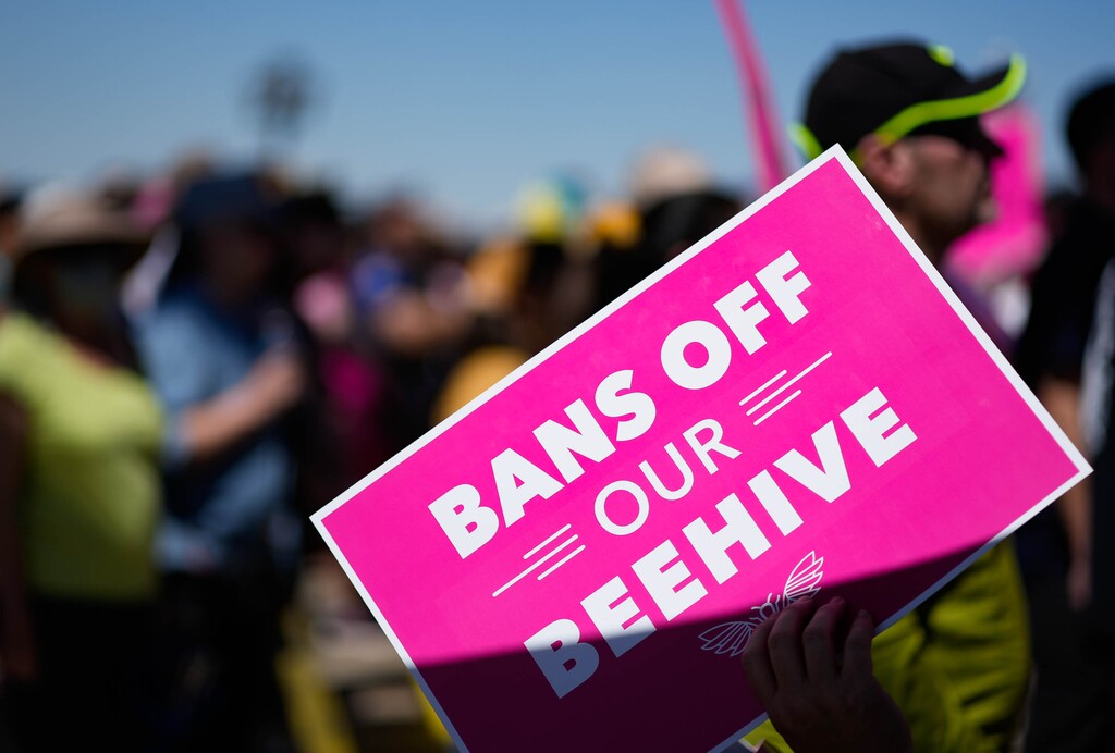 (Francisco Kjolseth | The Salt Lake Tribune) Protesters gather at the Capitol for a “Bans Off Our Beehive” rally in support of abortion rights on Saturday, May 14, 2022.