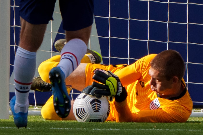 (Trent Nelson  |  The Salt Lake Tribune) United States goalkeeper Ethan Horvath makes a save as the U.S. Men’s National Team (USMNT) faces Costa Rica in a friendly at Rio Tinto Stadium in Sandy on Wednesday, June 9, 2021.