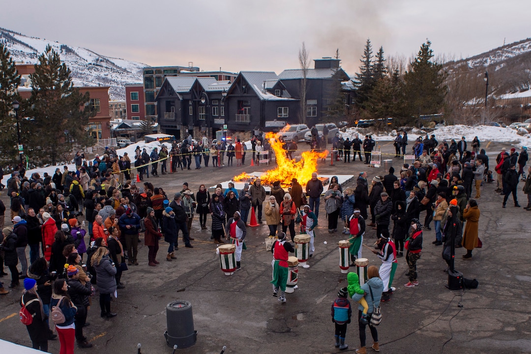 (Rick Egan  |  The Salt Lake Tribune)     The Jambo Africa Drummers form Burundi performs at the first-ever Sundance bonfire, a community gathering on Swede Alley, in Park City, Thursday, Jan. 30, 2020.