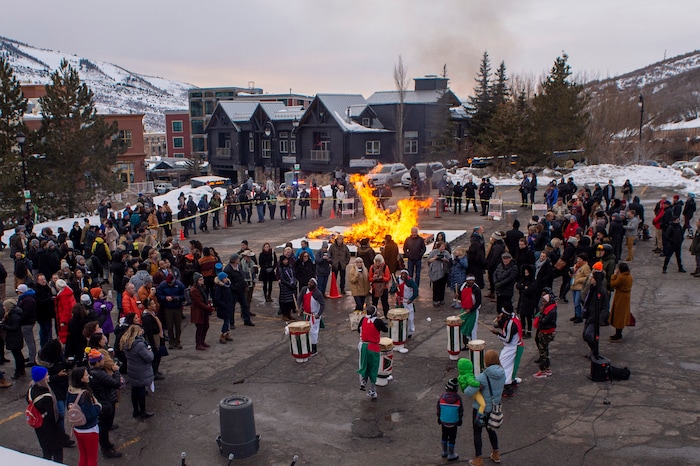(Rick Egan  |  The Salt Lake Tribune)     The Jambo Africa Drummers form Burundi performs at the first-ever Sundance bonfire, a community gathering on Swede Alley, in Park City, Thursday, Jan. 30, 2020.