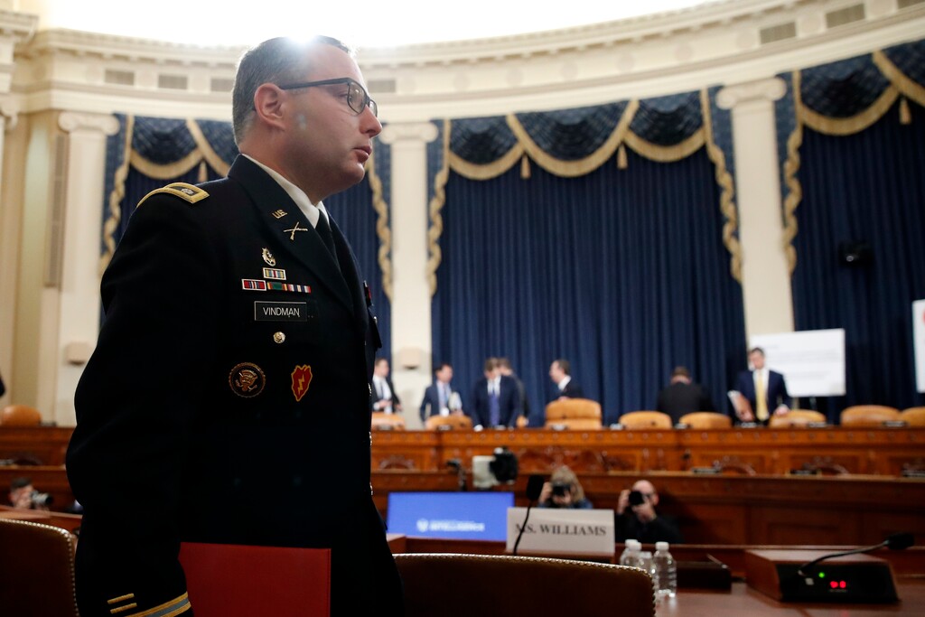 (Alex Brandon | AP file photo) National Security Council aide Lt. Col. Alexander Vindman departs after testifying before the House Intelligence Committee on Capitol Hill in Washington, Tuesday, Nov. 19, 2019, during a public impeachment hearing of President Donald Trump's efforts to tie U.S. aid for Ukraine to investigations of his political opponents.