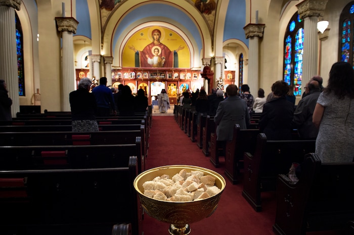 (Scott Sommerdorf | The Salt Lake Tribune)
The Very Rev. Archimandrite George Nikas leads the Epiphany service (also called Theophany in Orthodox), as holy water is blessed, at Holy Trinity Cathedral, Saturday, January 6, 2018.
