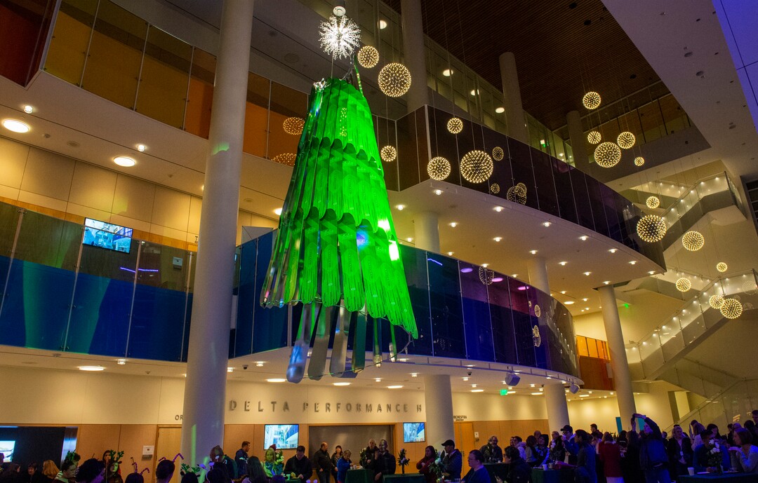 (Rick Egan  |  The Salt Lake Tribune) Eccles Theater unveils its annual Holiday Tree art installation, Monday, Dec. 2, 2019. The title is "Winter Wind," created by Rob Beishline & Shelley Beishline of Tooza Design. The work features 75 snowboards.