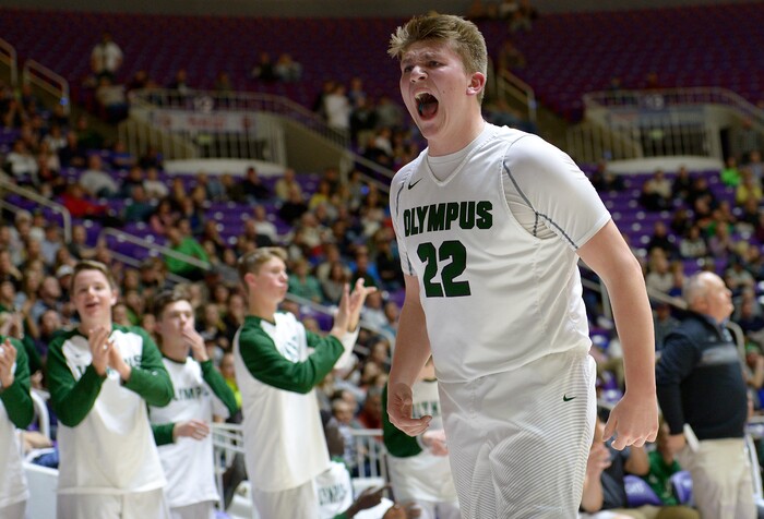 Leah Hogsten  |  The Salt Lake TribuneOlympus's Spencer Jones (22) yells in celebration at Rylan Jones (15) for his play. Olympus High School defeated Corner Canyon High School 76-72 during their 4A State boysÕ basketball semifinal playoff game at Weber State University's Dee Events Center, Friday, March 3, 2017.
