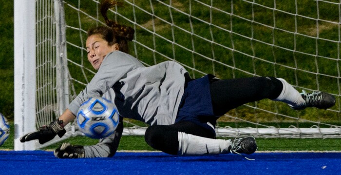 (Steve Griffin | The Salt Lake Tribune) Timpanogos goalkeeper Mia Barlow makes a stop of a Timpview penalty kick during a shootout in the 5A semifinal girl's soccer match at Juan Diego High School in Draper Tuesday October 17, 2017. Timpanogos defeated Timpview to move on to the finals.