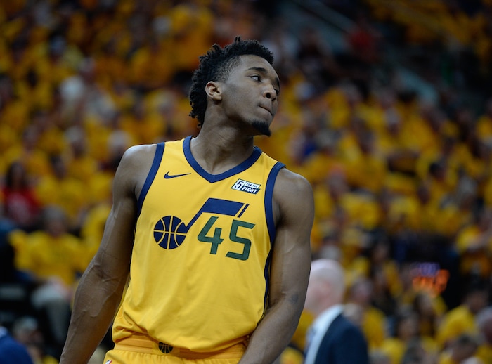 (Francisco Kjolseth | The Salt Lake Tribune) Utah Jazz guard Donovan Mitchell (45) looks away after a missed shot against the Houston Rockets in Game 4 of the NBA playoffs at the Vivint Smart Home Arena Sunday, May 6, 2018 in Salt Lake City.