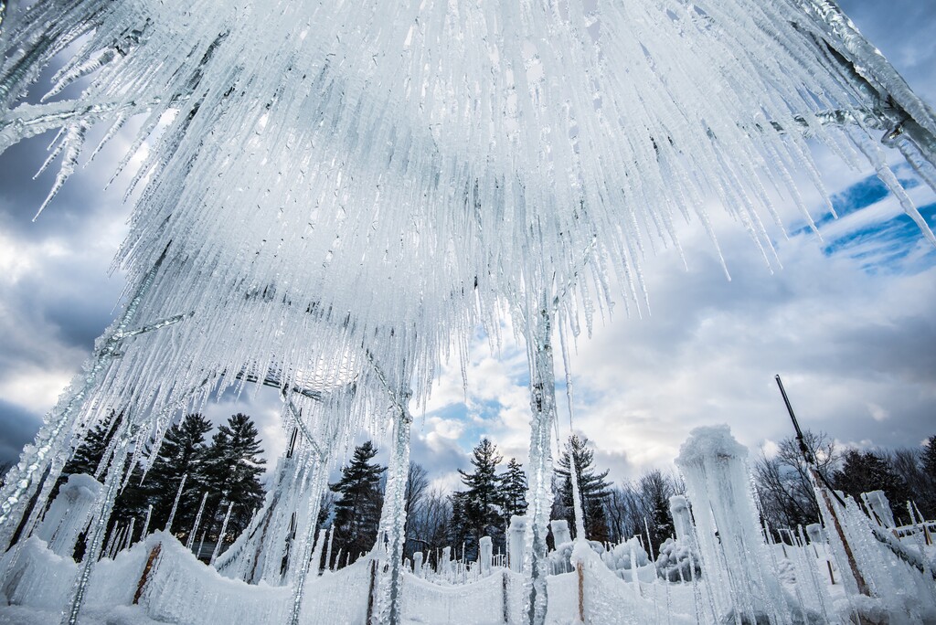 (Shaun Terhune |  Courtesy of Ice Castles) Icicles grow to be harvested for the Ice Castles installation in Midway, Utah. The 1-acre walk-through ice-and-light show is expected to open to the public in late December.
