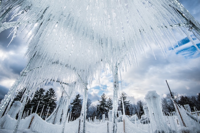 (Shaun Terhune |  courtesy of Ice Castles) Icicles grow to be harvested for the Ice Castles installation in Midway, Utah. The one-acre walk-through ice-and-light show is expected to open to the public in late December.
