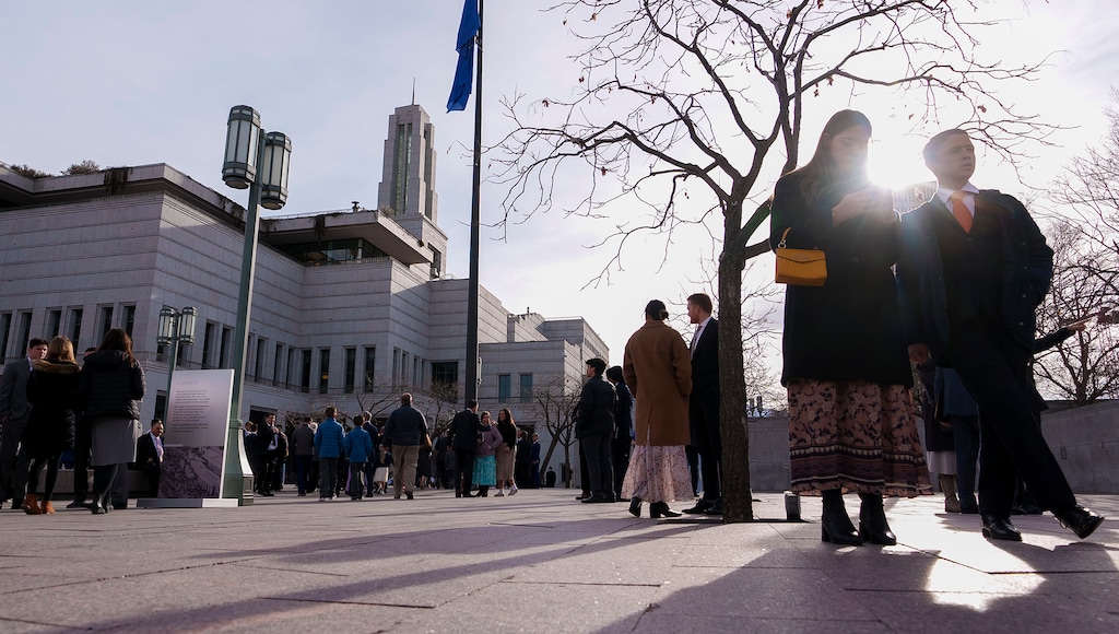 (Leah Hogsten | The Salt Lake Tribune) Members of The Church of Jesus Christ of Latter-day Saints await the morning session of General Conference on Saturday, April 1, 2023.