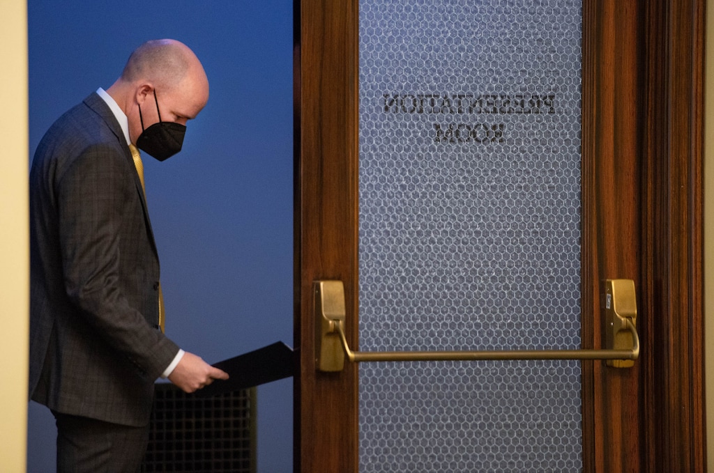 (Francisco Kjolseth  | The Salt Lake Tribune) Gov. Spencer Cox gets ready to provide updates on the ongoing pandemic as he speaks at a news conference in Salt Lake City on Thursday, March 11, 2021.