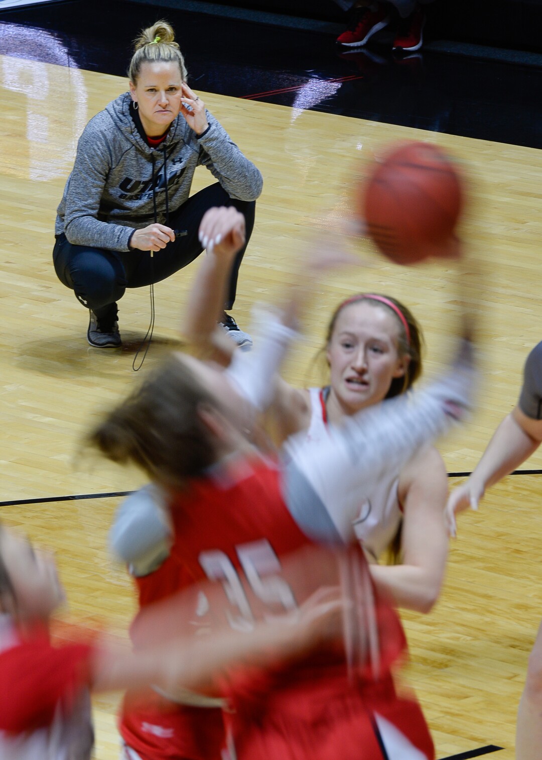 (Francisco Kjolseth  |  The Salt Lake Tribune) The Utah women's basketball team practices at the Jon Huntsman Center on Wed. Jan. 2, 2019, as they prepare for their next game on Friday. The team guided by coach Lynne Roberts, upper left, has them rolling 12-0, in one of the best starts in program history.