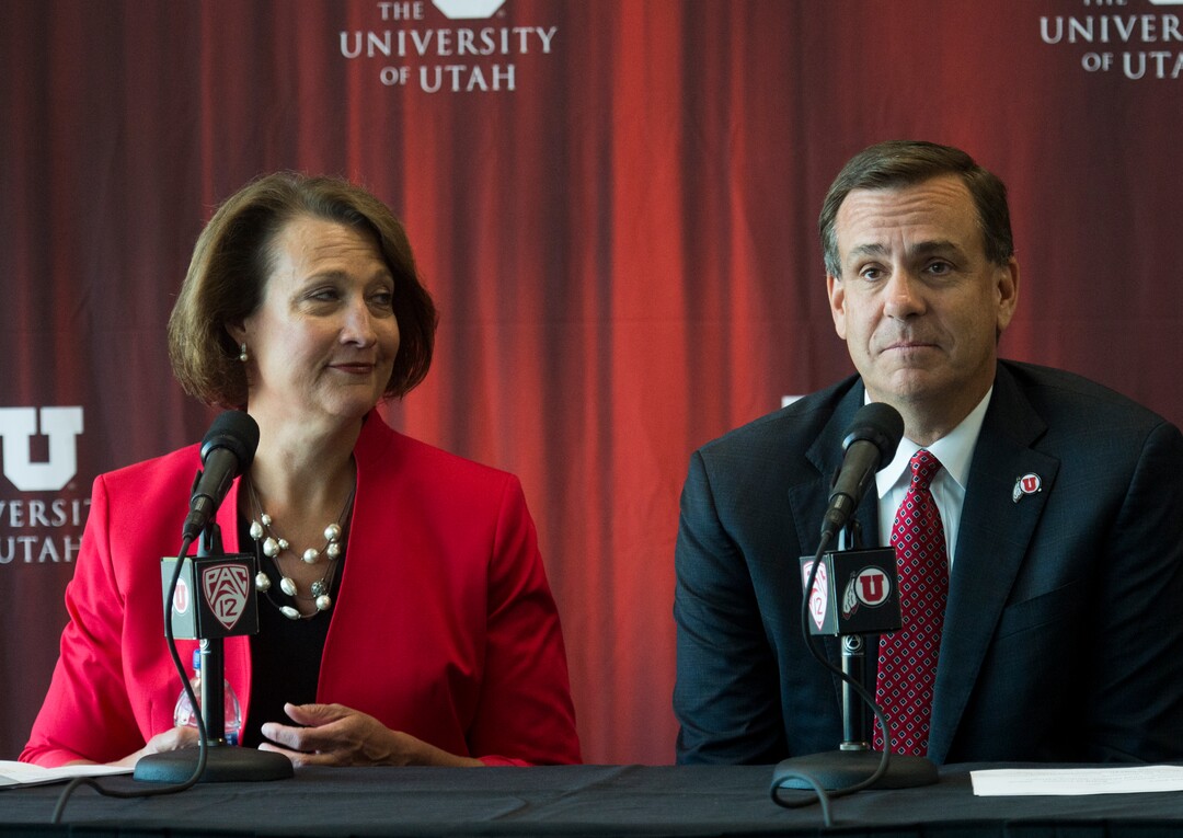 (Rick Egan  |  The Salt Lake Tribune)   University of Utah President Ruth V. Watkins introduces Mark Harlan as the new athletic director, during a news conference at the Rice-Eccles Stadium,  Monday, June 4, 2018.
