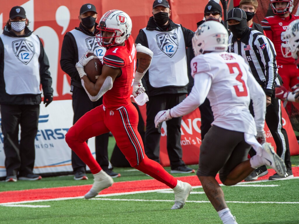 (Rick Egan | The Salt Lake Tribune)  Utes wide receiver Bryan Thompson (1) runs for a Utah touchdown, in PAC-12 football acton between Utah Utes and Washington State Cougars at Rice-Eccles Stadium on Saturday, Dec. 19, 2020.