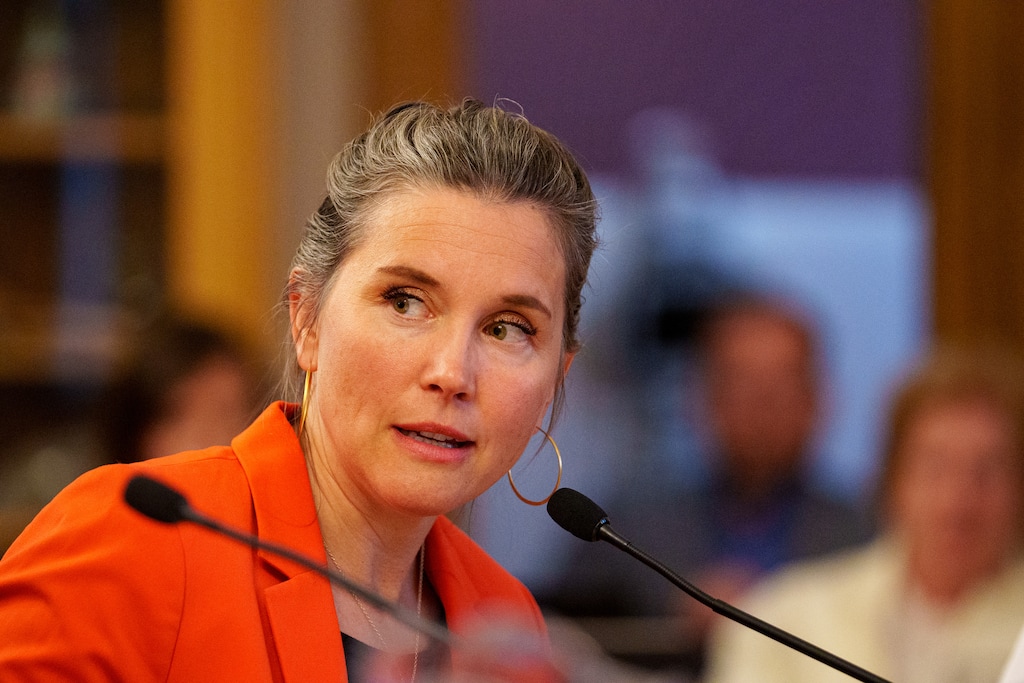 (Trent Nelson | The Salt Lake Tribune) Salt Lake City Mayor Erin Mendenhall during a meeting about the proposed downtown sports and entertainment district on Tuesday, May 7, 2024. The mayor has proposed a 26% salary increase for herself and city council members.