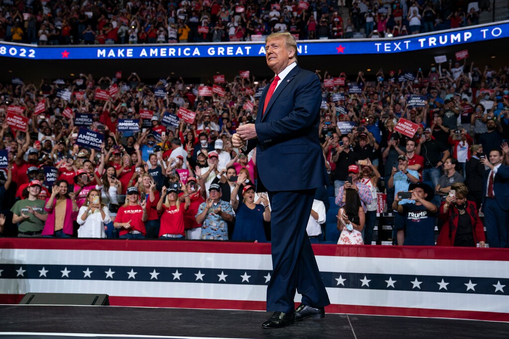 (Evan Vucci | AP photo)
In this June 20 photo, President Donald Trump arrives on stage to speak at a campaign rally at the BOK Center in Tulsa, Okla. Trump is privately reassuring Republicans anxious about his deficits to Democrat Joe Biden, noting there are three months until Election Day and reminding them of the late-breaking events that propelled his 2016 comeback.