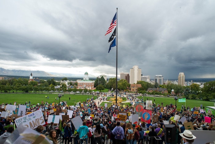 (Rick Egan  |  The Salt Lake Tribune)      
Ocea Wraye joins hundreds of students from around the state chant and sing at the Utah State Capitol Building, demanding action on the climate crisis. Friday, Sept. 20, 2019.