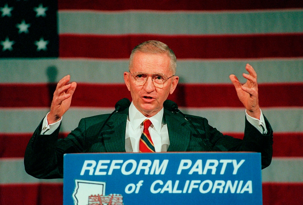 (Reed Saxon | AP file photo) Former presidential candidate Ross Perot addresses the first California statewide convention of the Reform Party, a new political party he founded, at the Los Angeles Convention Center in Los Angeles on June 1, 1996. Perot, the Texas billionaire who twice ran for president, has died, a family spokesperson said Tuesday, July 9, 2019.
