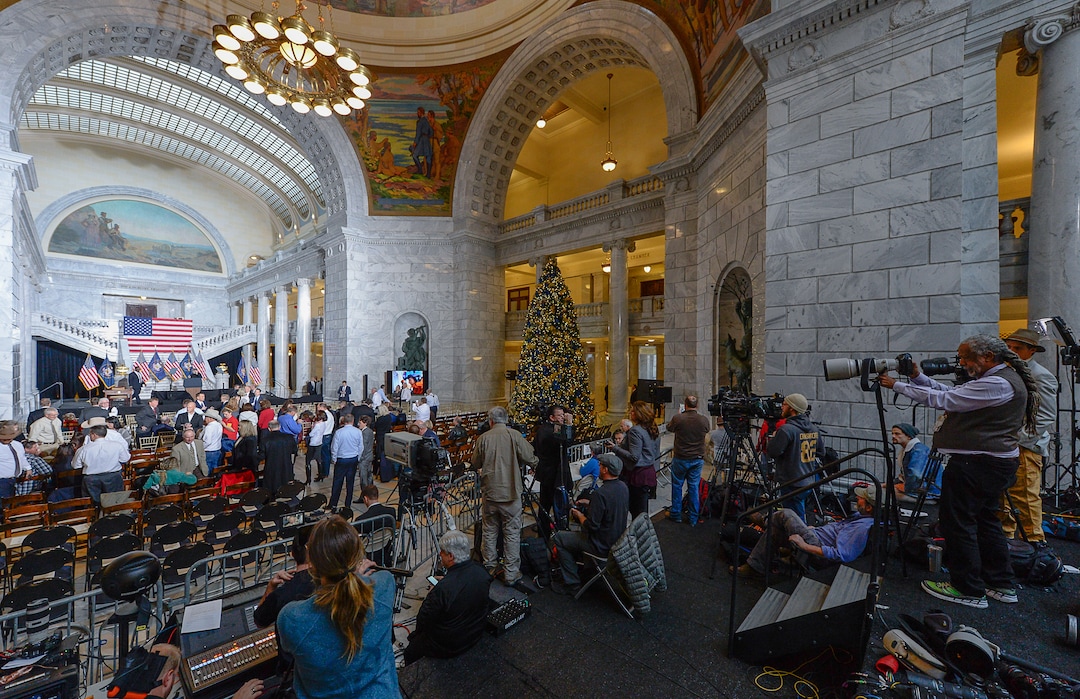 (Francisco Kjolseth  |  The Salt Lake Tribune)  Invited guests and media arrive at the Utah Capitol as U.S. President Donald Trump is scheduled to appear on Monday, Dec. 4, 2017. President Trump will be joined by Sen. Orrin Hatch and Interior Secretary Ryan Zinke to sign a presidential proclamation to shrink Bears Ears and Grand Staircase-Escalante national monuments.