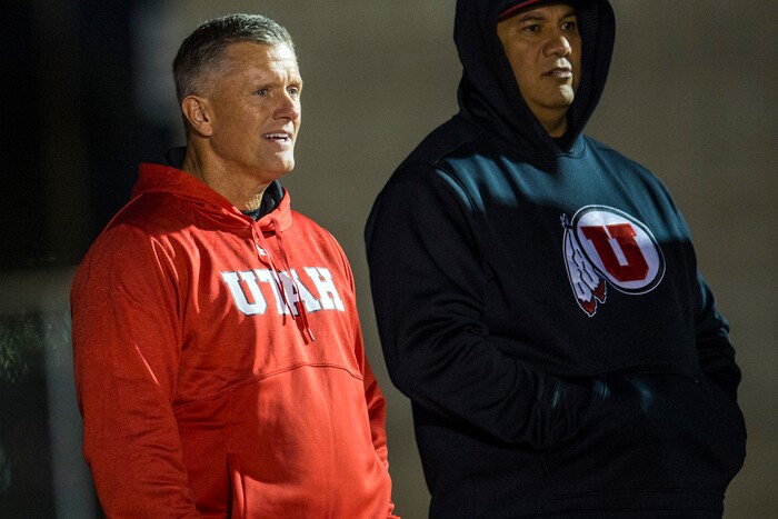 (Chris Detrick  |  The Salt Lake Tribune)  Utah Utes head coach Kyle Whittingham watches the game at East High School Friday, October 20, 2017. 