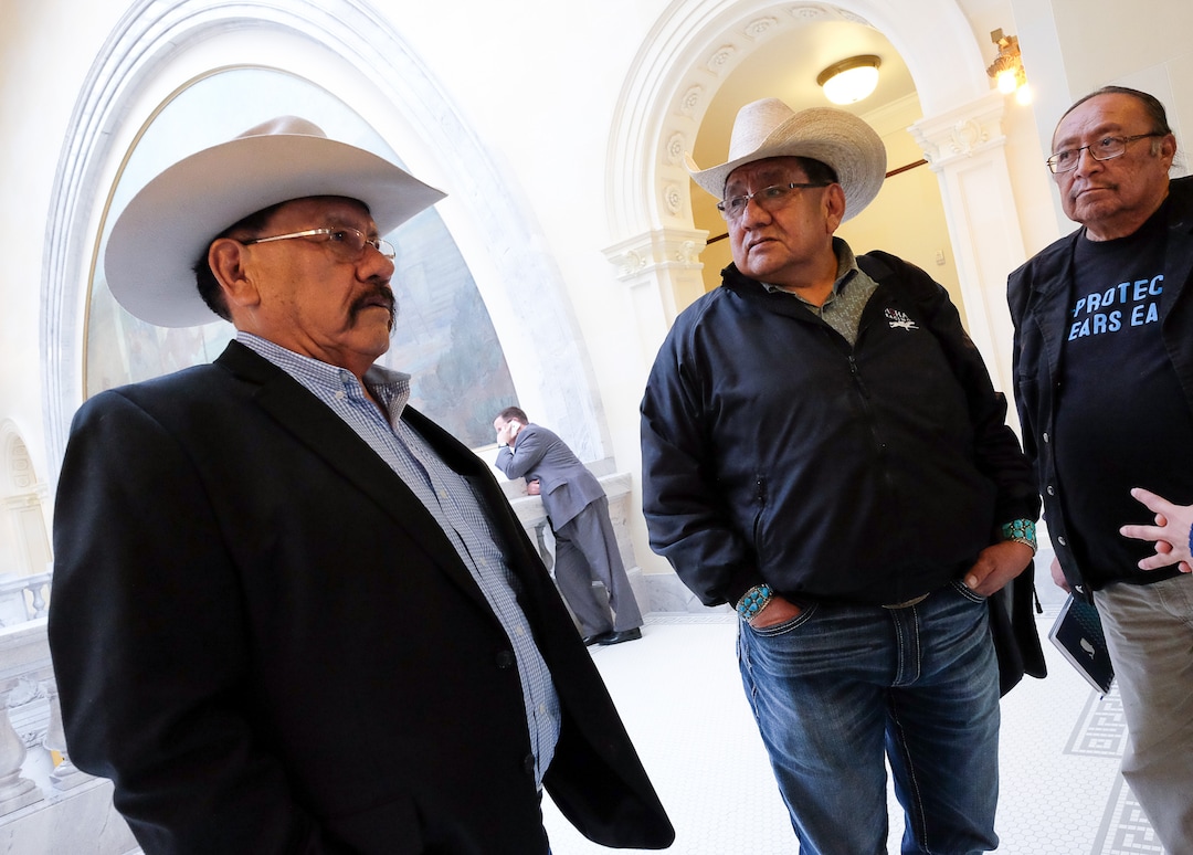 (Francisco Kjolseth  |  The Salt Lake Tribune)  Utah Navajo Dine Bikeyah members Albert Holiday, Leonard Lee and Jonah Yellowman, from left, gather at the Utah Capitol after sitting in on Rep. Mike Noel's, R-Kanab, proposed HB136 that would muzzle city and local officials from speaking out on public-lands protections during the House Natural Resources, Agriculture, and Environment Standing Committee at the Capitol on Tuesday, Feb. 6, 2018.