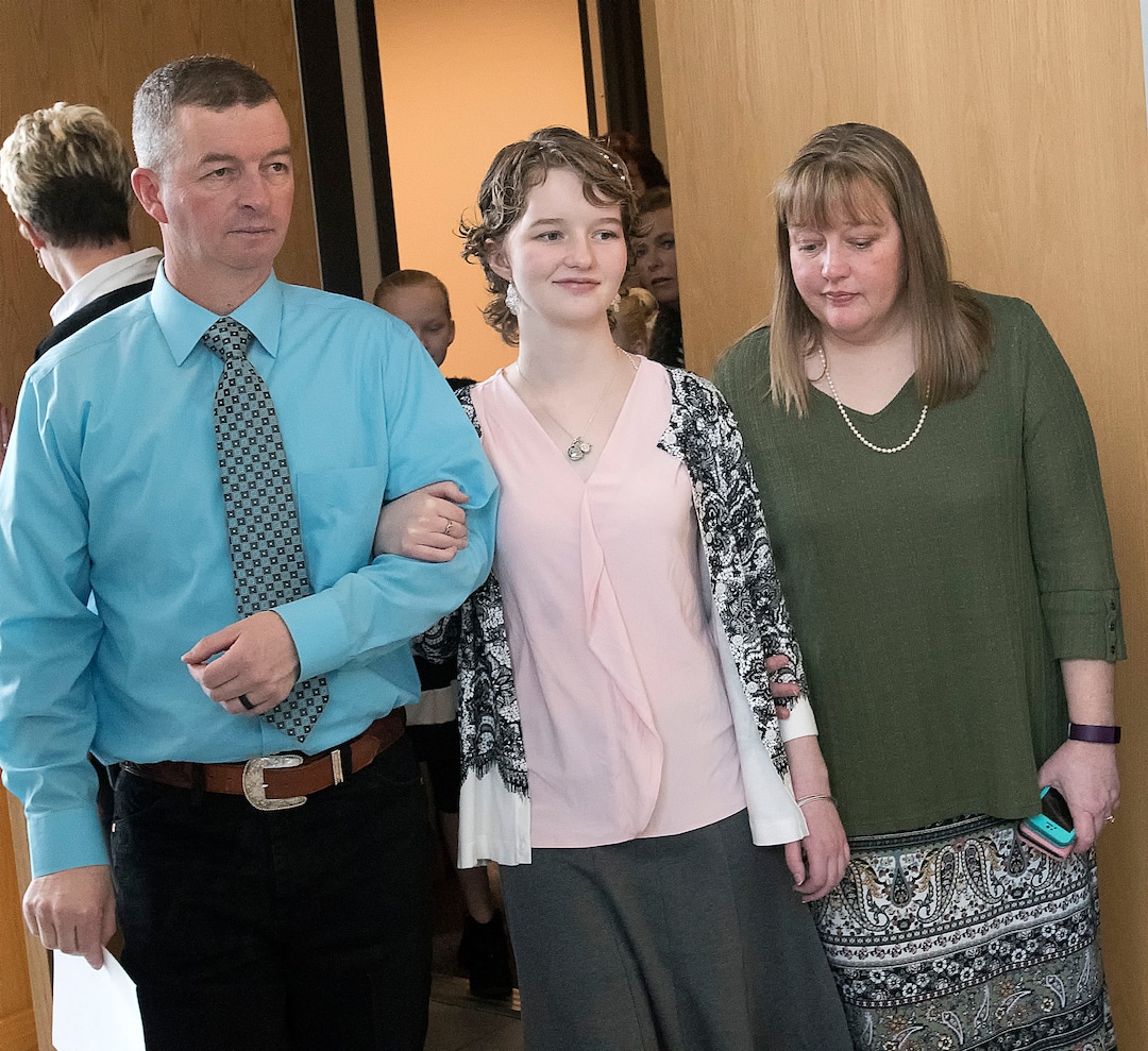 (Eli Lucero  |  Herald Journal, pool) Matt, Deserae, and April Tuner leave the courtroom following Colter Peterson's sentencing hearing for attempted aggravated murder and robbery, Thursday, Feb. 1, 2018, in Logan, Utah. Peterson received a sentence of 15 years to life for shooting Deserae Turner in February 2017, and leaving her for dead in a dry irrigation canal in Smithfield, Utah.
