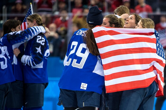 (Chris Detrick  |  The Salt Lake Tribune) Members of team USA celebrate after winning the Women's Gold Medal Game at Gangneung Hockey Centre during the Pyeongchang 2018 Winter Olympics Thursday, Feb. 22, 2018. United States defeated Canada 3-2 in a shootout victory. 