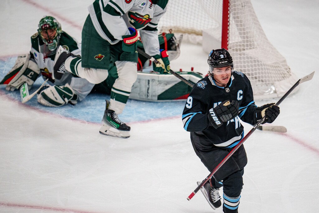 (Trent Nelson  |  The Salt Lake Tribune) Utah Hockey Club center Clayton Keller (9) celebrates a goal as Utah Hockey Club hosts the Minnesota Wild, NHL hockey in Salt Lake City on Thursday, Feb. 27, 2025.