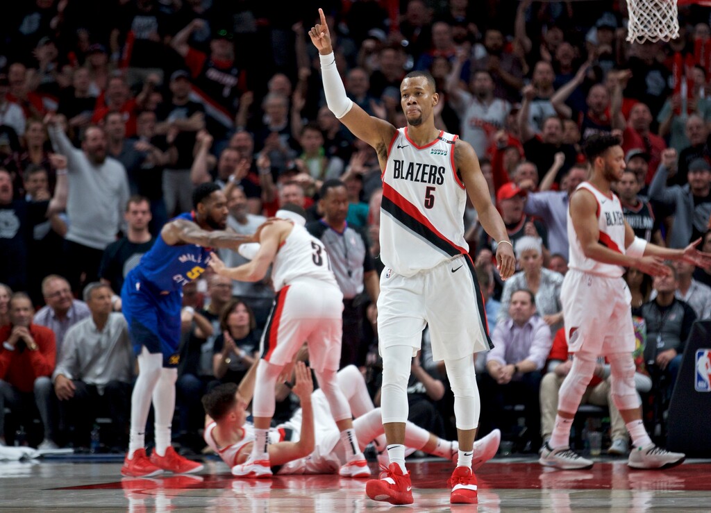 Portland Trail Blazers guard Rodney Hood gestures during the second half of Game 6 of the team's NBA basketball second-round playoff series against the Denver Nuggets on Thursday, May 9, 2019, in Portland, Ore. The Trail Blazers won 119-108. (AP Photo/Craig Mitchelldyer)