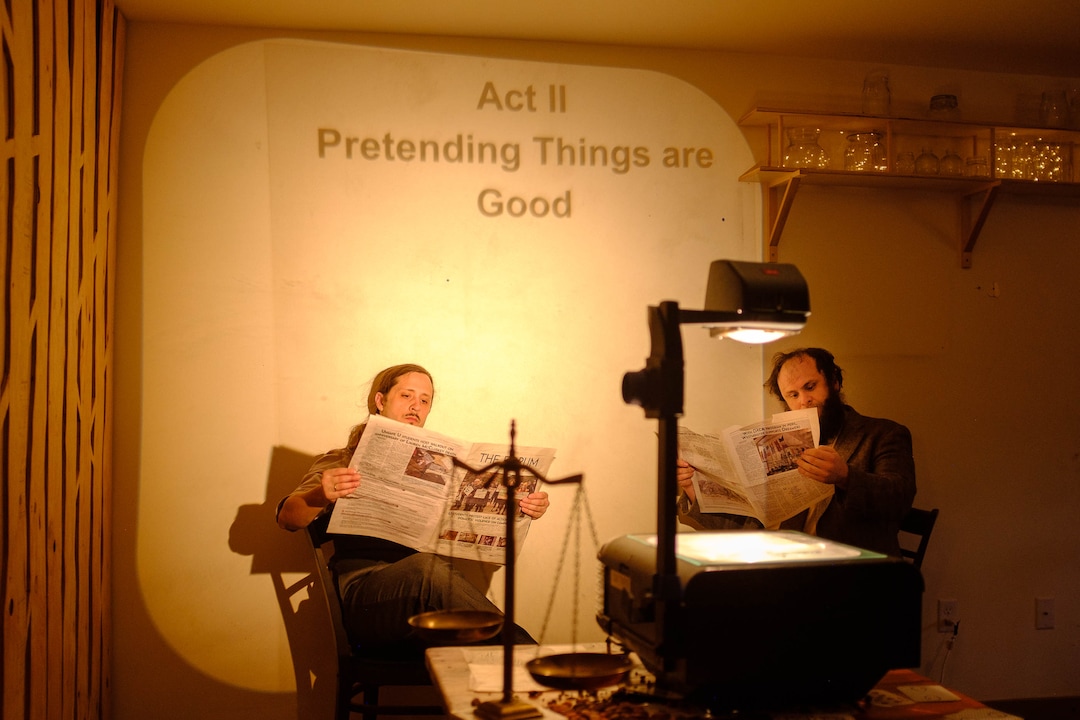 (Trent Nelson  |  The Salt Lake Tribune) Michael Watkiss and Rick Curtiss in "Thank You Theobromine," an interactive production that takes place inside a Salt Lake City chocolate factory on Sunday Nov. 17, 2019. For the 90-minute show — Produced by SONDERImmersive — the audience moves in and out of different rooms learning about the life and creative mind of a chocolatier through dance and theater. (The audience gets chocolate, too.)