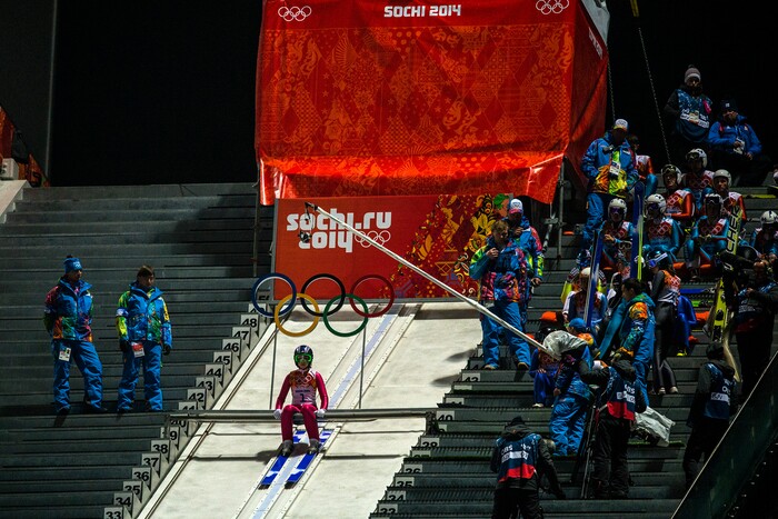 KRASNAYA POLYANA, RUSSIA  - JANUARY 11:
Park City's Sarah Hendrickson gets ready to jump in the women's ski jumping competition at the Gorki Ski Jumping Center during the 2014 Sochi Olympic Games Tuesday February 11, 2014. Hendrickson finished in 21st place with a 217.6.
(Photo by Chris Detrick/The Salt Lake Tribune)